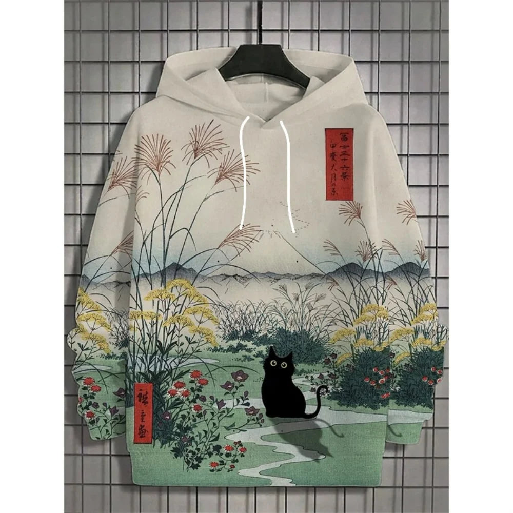 Japanese Harajuku 3D Printed Hoodies For Men Mountain Cat Tentacle Graphic Pullover Sweatshirts Casual Loose Hooded Long Sleeves
