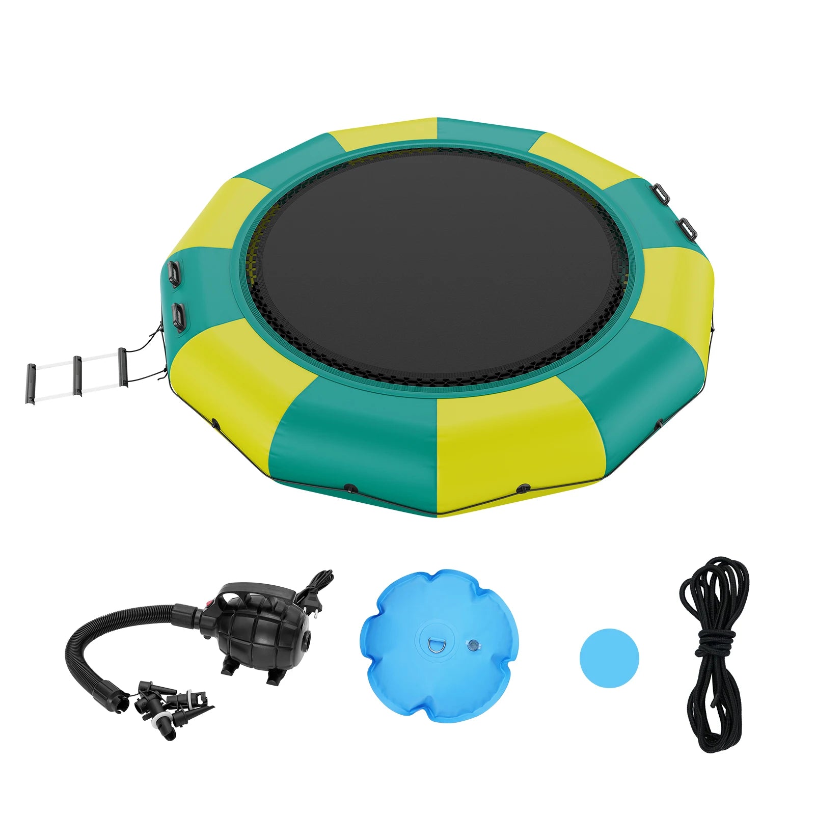 SucceBuy 12ft Inflatable Water Bouncer Recreational Water Trampoline Portable Bounce Swim Platform with Slide 3-Step Ladder