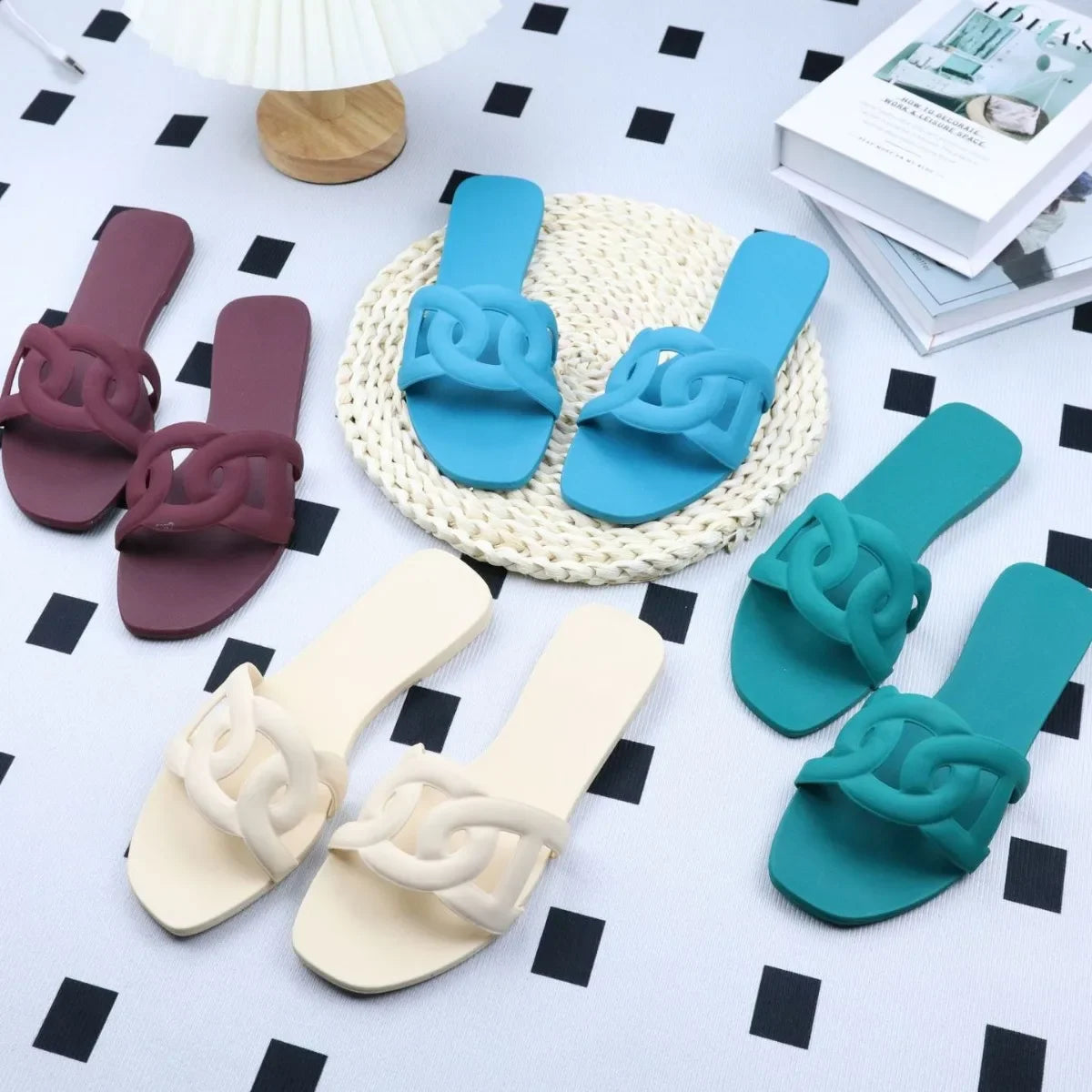 Summer women's one-word sandals daily leisure shopping beach wear flat shoes versatile solid color hollow