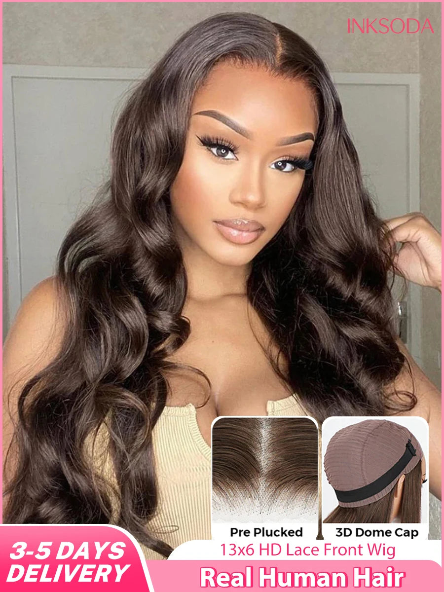 Body Wave 13x4 13x6 Chocolate Brown Lace Frontal Wigs Human Hair Pre Plucked Brazilian Brown Virgin Hair HD Front Wig For Women