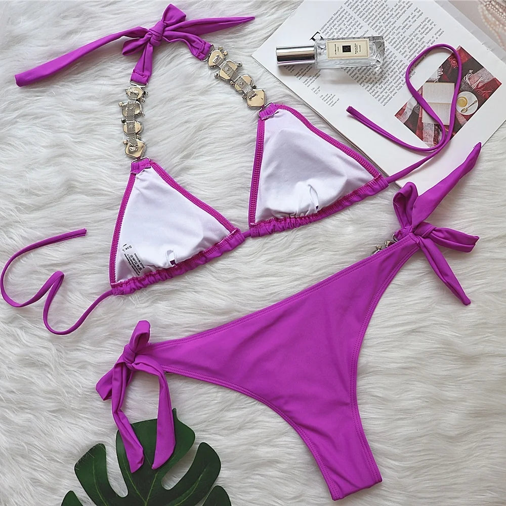 Red Rhinestones Sexy Bikinis 2026 Women Swimwear Female Swimsuit Swim Wear Bathing Suits Brazilian Bikini Set Beach Pool Bather