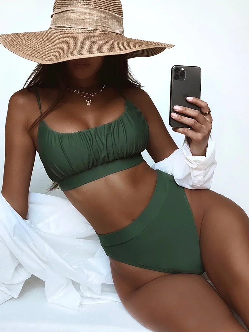 2025 Wrinkled Ruched High Waist Bikini Women Swimsuit Female Swimwear Two Pieces Bikini Set High Cut Bathing Suit Swim Beachwear