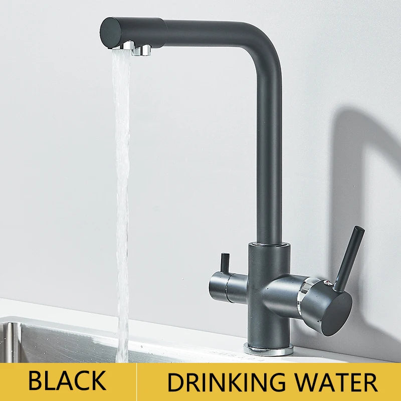 Chrome Kitchen Faucet Dual Swivel Spout Drinking Water Filter Brass Purifier Vessel Sink Mixer Tap Hot and Cold Water Torneira