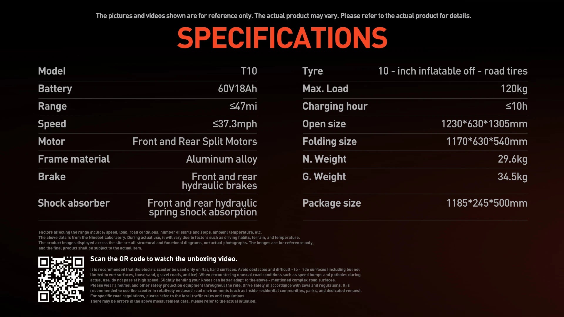 JOYOR T10 Adult Electric Scooter 60V18Ah 1000W*2 Dual Motor Speed 60KM/H Range 30-75KM 10 Inch Off-Road Tires Folding E-Scooter