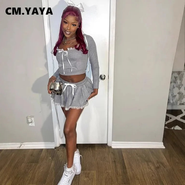 CM.YAYA Women Mini Pleated Skirts Set +Full Sleeve Lace Hoodies Two 2 Piece Set Outfits Fall Street Night Club Cute Outfits