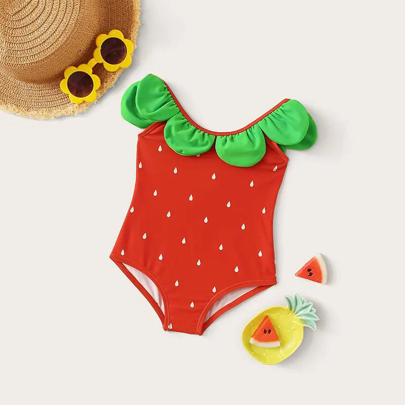 Tregren Toddler Baby Girl Swimsuit Watermelon Seeds Print Green Trim Crew Neck Swimwear Kids Infant Beach Bathing Suit Monokini