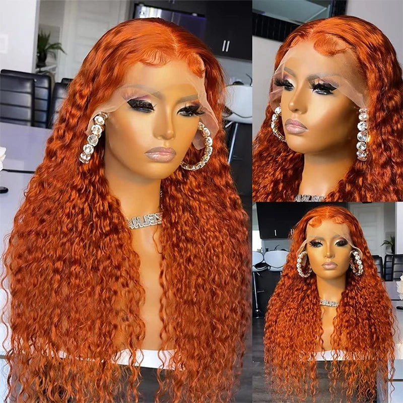 Ginger Orange Lace Front Wig Deep Wave Curly Full Lace Front Human Hair Wigs Water Wave Transparent Lace Frontal Wig