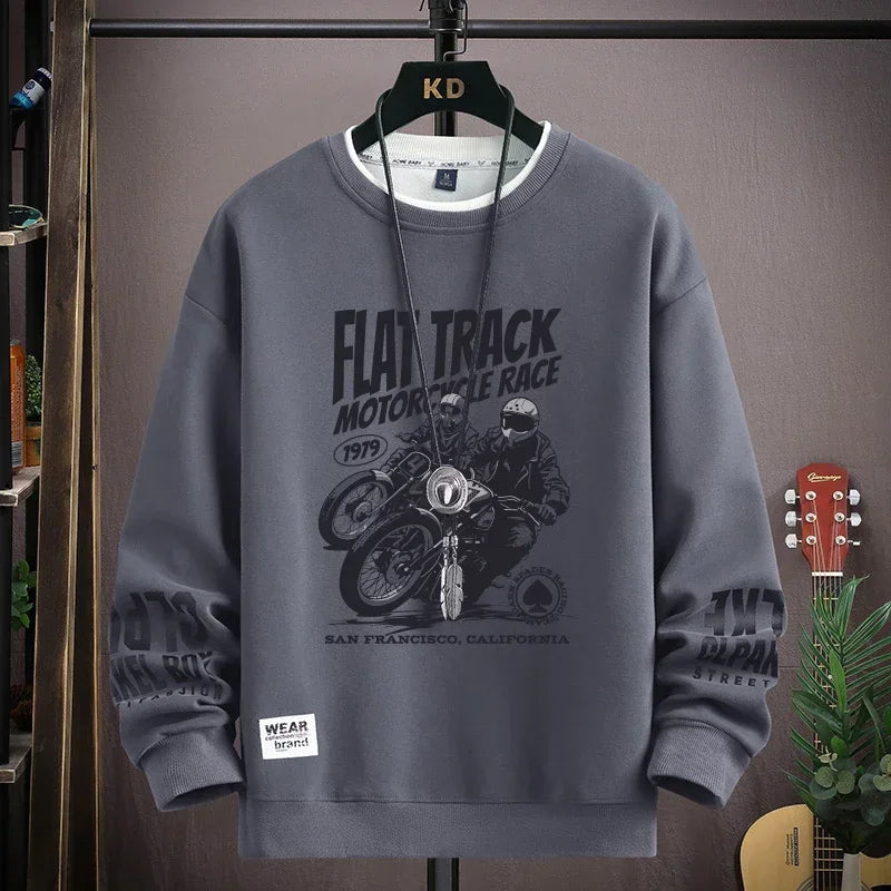 Autumn Men's Motorcycle Graphics Sweatshirt Hoodies Retro Printed Long Sleeve T-shirt Men's Clothing Black O Neck Harajuku Top