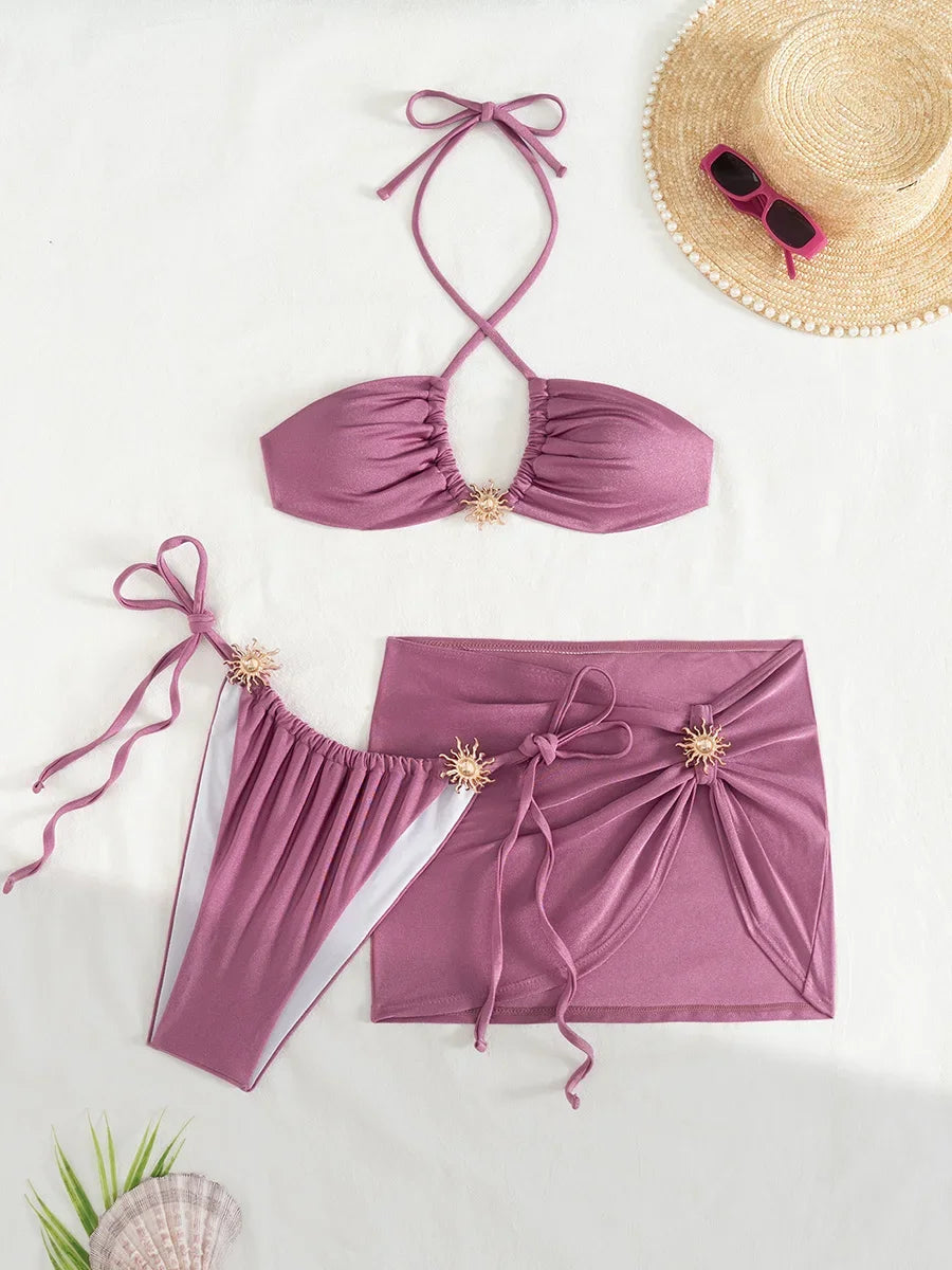 3 PCS with Skirt Halter Strappy Bikini Female Swimsuit Women Swimwear Three-pieces Bikini Set Bather Bathing Suit Swim Beachwear