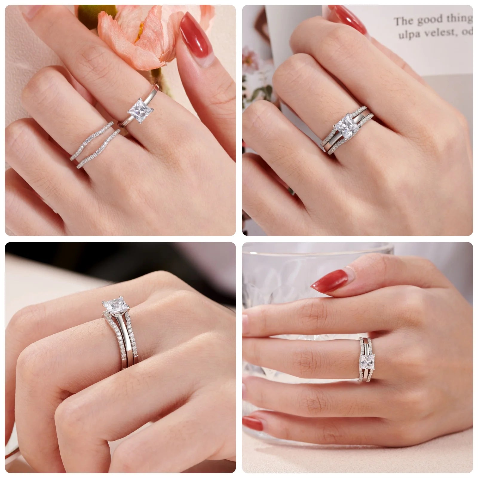 Newshe 925 Silver Rings for Women Luxury Jewelry Solitaire Princess Cut CZ Engagement Ring with Enhancer Wedding Bands