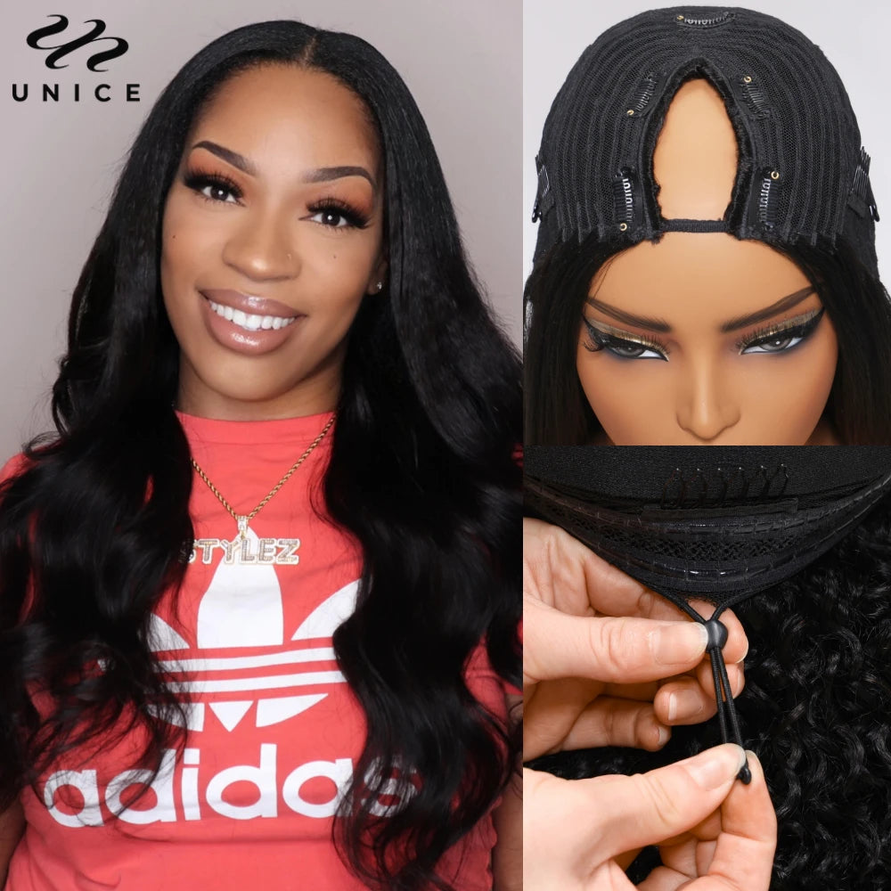 UNice Body Wave V Part Wig With Drawstring Natural Color 100% Human Hair Wigs Clip In V-Part Wig Mini Leave Out 180% Density