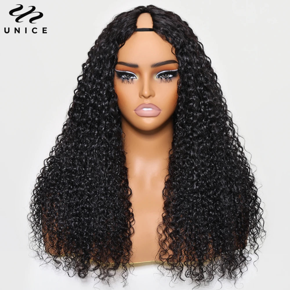 UNice Burmese Curly V Part Wig With Drawstring Clip-In Human Hair Wigs 180% Density No Glue Minimal Leave-out