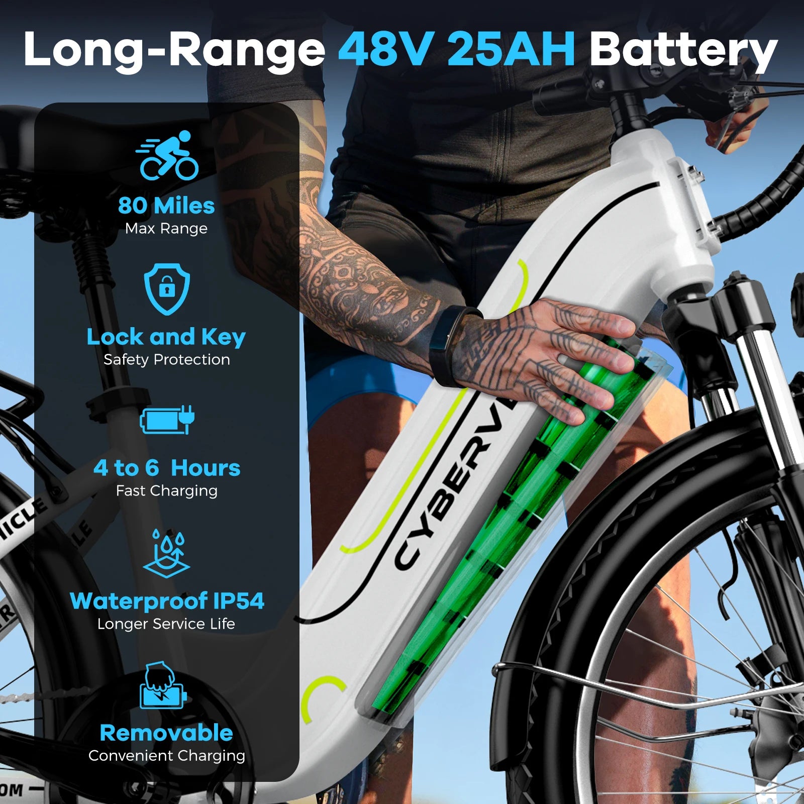 1000W Electric Bike for Adults Cybervelo EK7 26inch Shimano 7 Speed 80+Miles Removable Battery All Terrain E-bike
