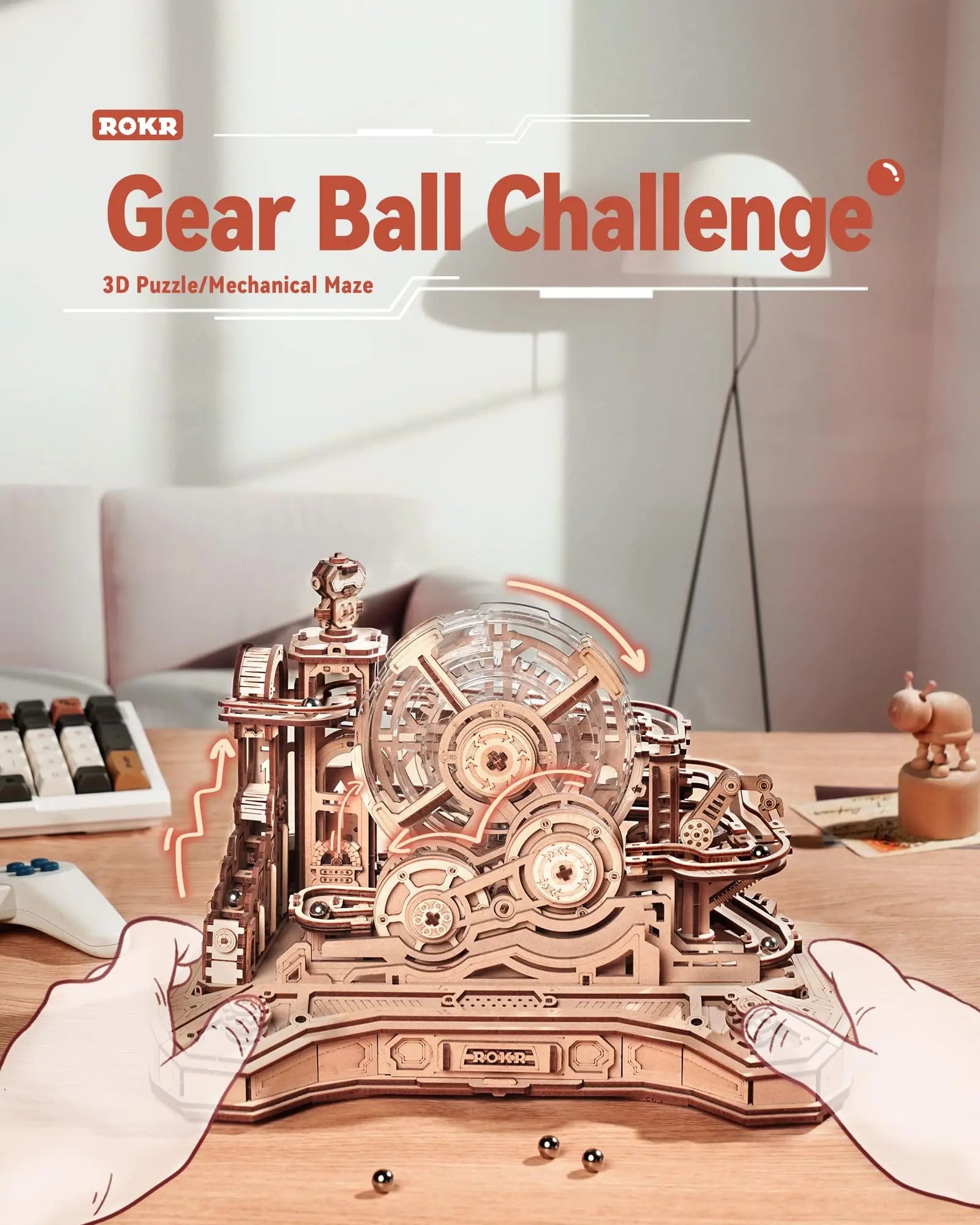 Robotime Rokr Gearball Challenge 3D Wooden Puzzle Rotating Gear Brain Teaser STEM Educational Engineering Toy for Teens Adults