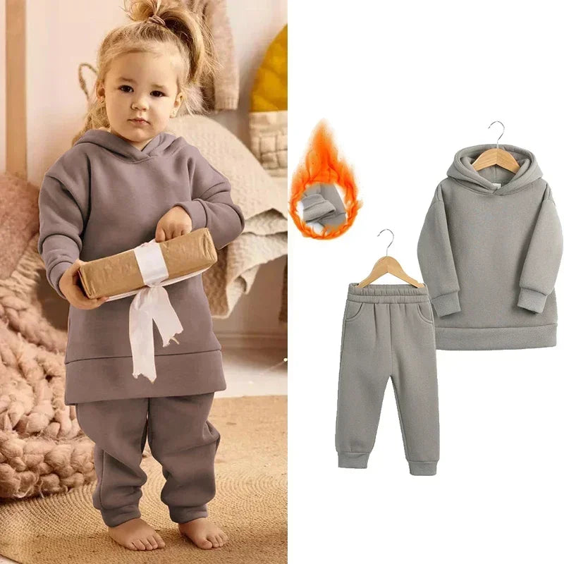 Children Fleece Winter Outfit Toddler Cotton Solid Hoodies Pullover Sweatshirt Pants Tracksuit Set Kids Boy Girl Warm Sweatsuits