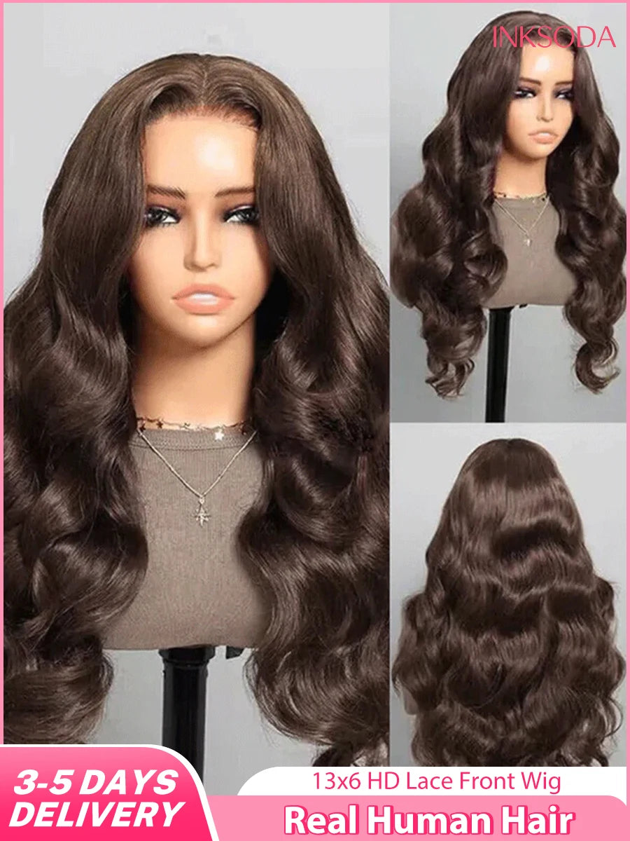 Body Wave 13x4 13x6 Chocolate Brown Lace Frontal Wigs Human Hair Pre Plucked Brazilian Brown Virgin Hair HD Front Wig For Women