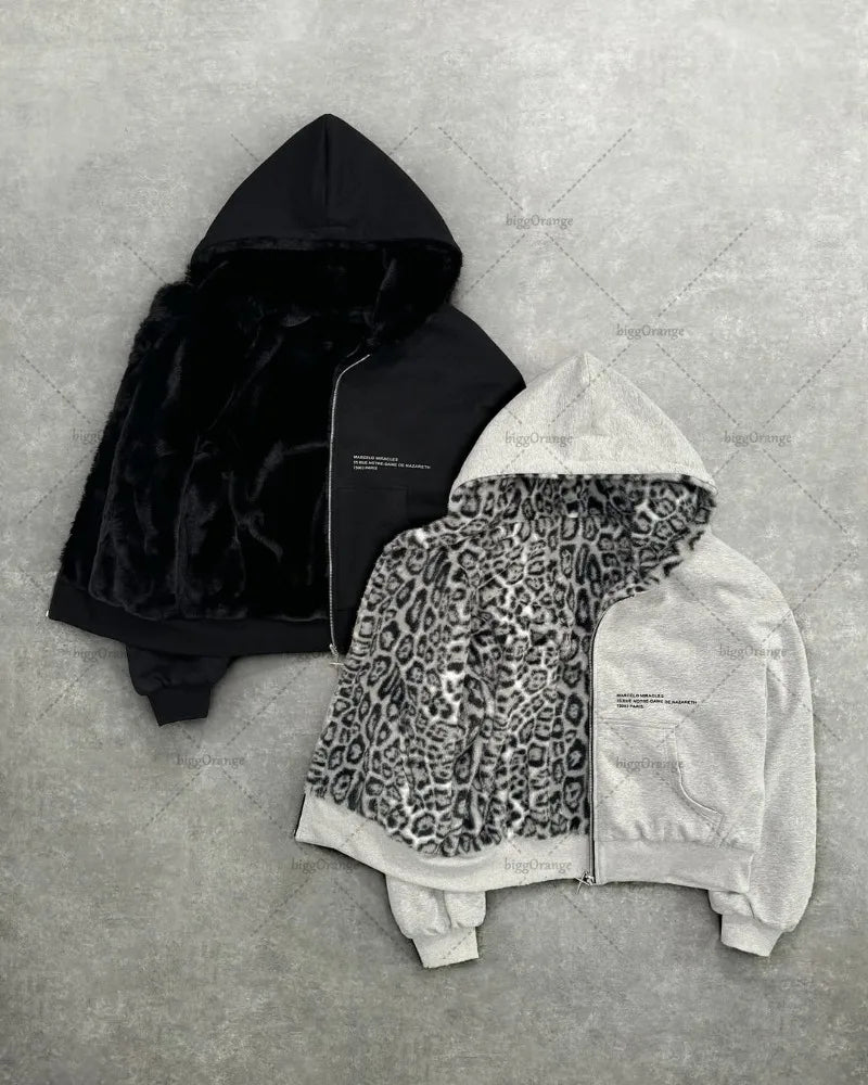 American New Retro Leopard Print Two-sided Fashion Zipper Hoodie Men Street Hip-hop Harajuku Y2K Casual Oversized Sweatshirt