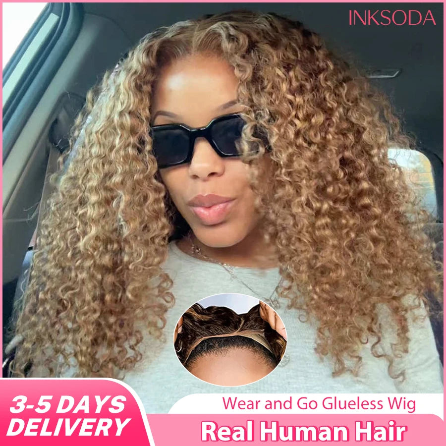 Deep Wave Honey Blonde Glueless Wigs Human Hair Pre Cut Highlight Wear and Go Curly Wigs for Women Ombre HD Lace Front Wig