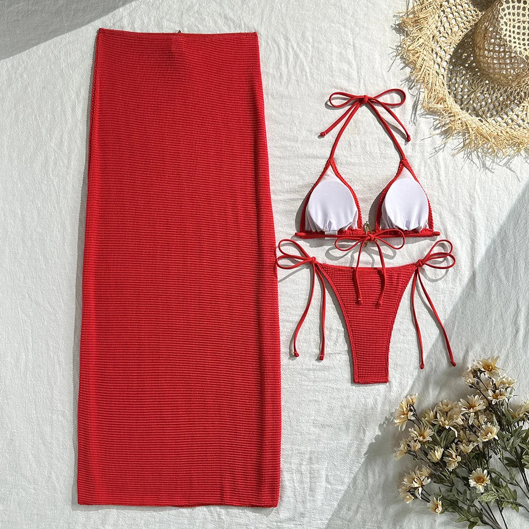 Metal Star Halter With Skirt Bikini Female Swimsuit Women Swimwear Three-pieces Bikini set Padded Bather Bathing Suit Swim V6740