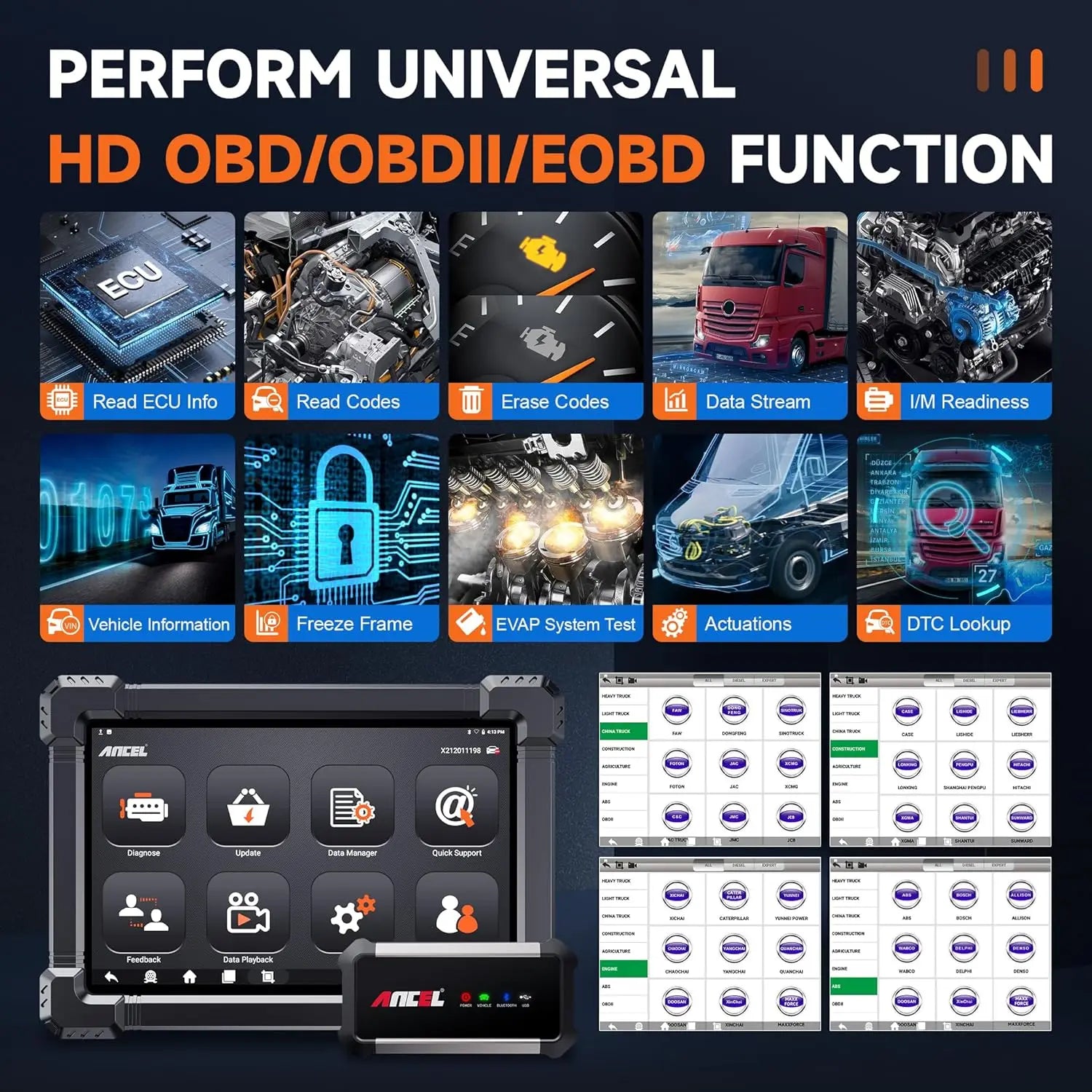 ANCEL X7HD Heavy Duty Truck Scanner Full System Diagnostic Tool Bidirectional Diesel Scan Tool with 40+ Reset & DPF ECU Coding