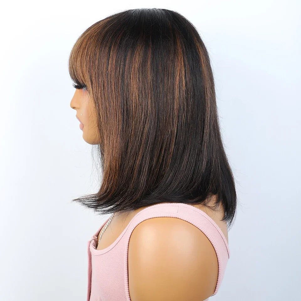 Straight Hair Short Bob Lace Wigs 100% Human Hair Wigs With Bangs #4/27 Natural Brown Middle Part Bob Lace Wigs Realistic Scalp