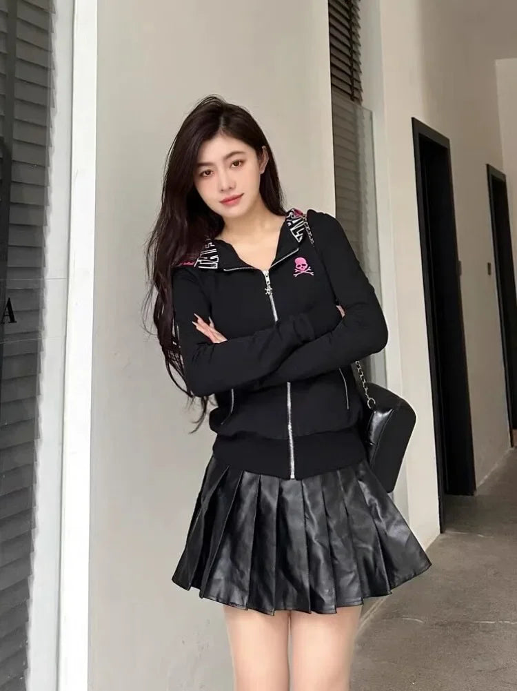 Y2k Punk Skull Embroidery Hoodies Women Vintage Aesthetic Grunge Zipper Sweatshirt Streetwear Slim Tops Female Gothic Jackets