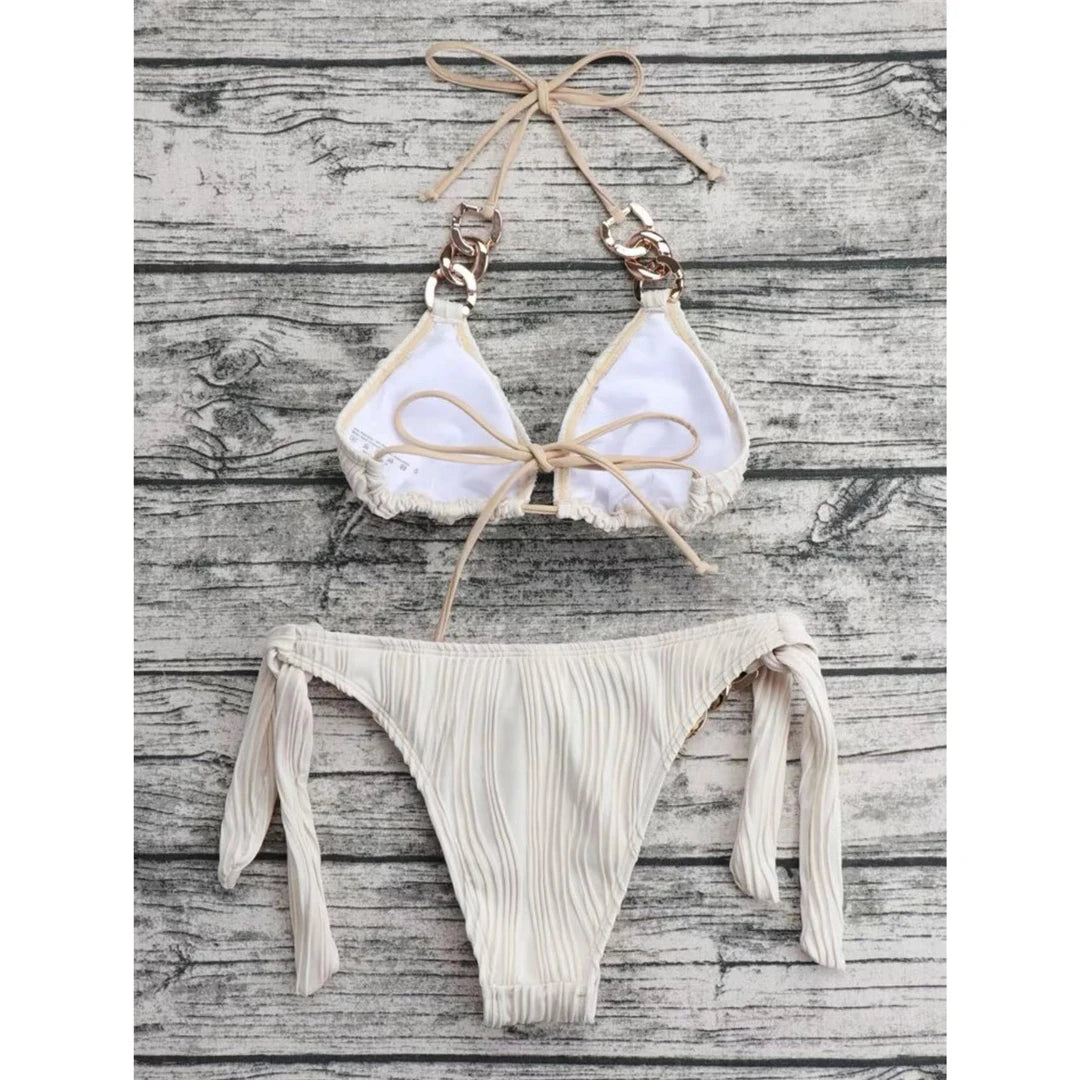Sexy Metal Rings Halter Wrinkled Bikini Female Swimsuit Women Swimwear Two-pieces Bikini set Bather Bathing Suit Swim Lady K4149