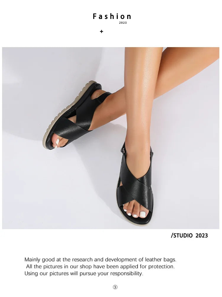 Summer Designer Simple Elegant Women's Sandals Flat Heel Soft Bottom Cross Soft Surface Anti slip Lightweight Casual big size