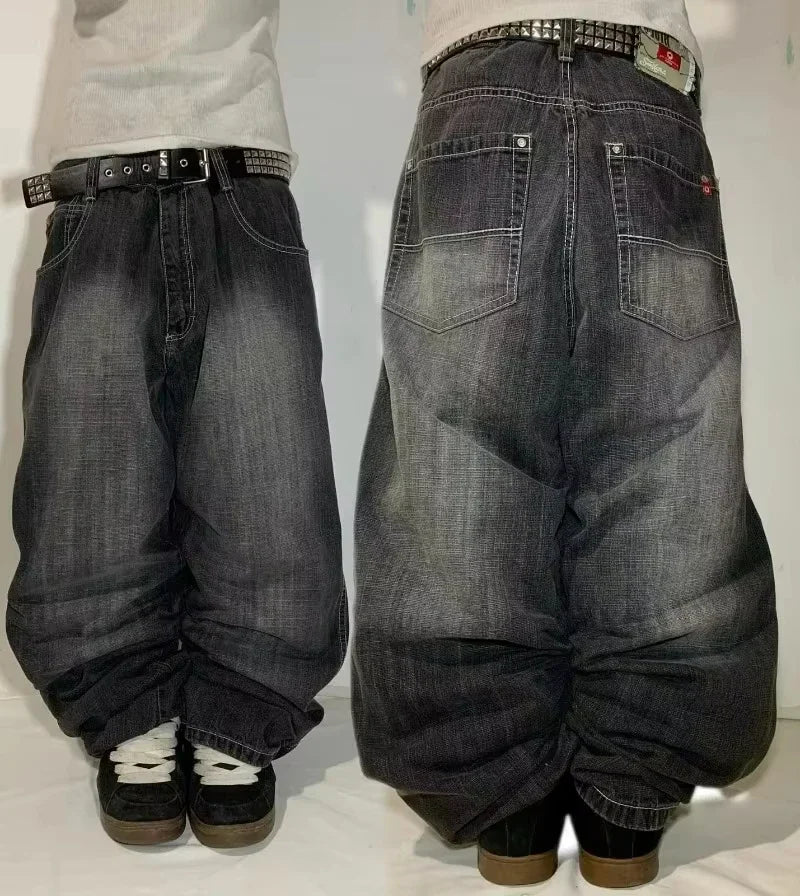 American New Fashion Oversize Pattern Embroidered Baggy Jeans Men Y2K Gothic Harajuku Hip Hop Straight High Waist Wide Leg Pants