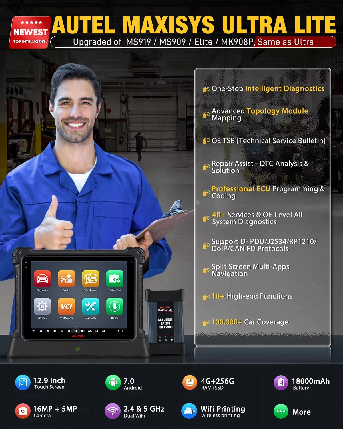 Autel Scanner Ultra Lite S Upgraded of MaxiSys MS909 Professional flagship Scan Tool, ECU Programming/Coding, 40+ Services