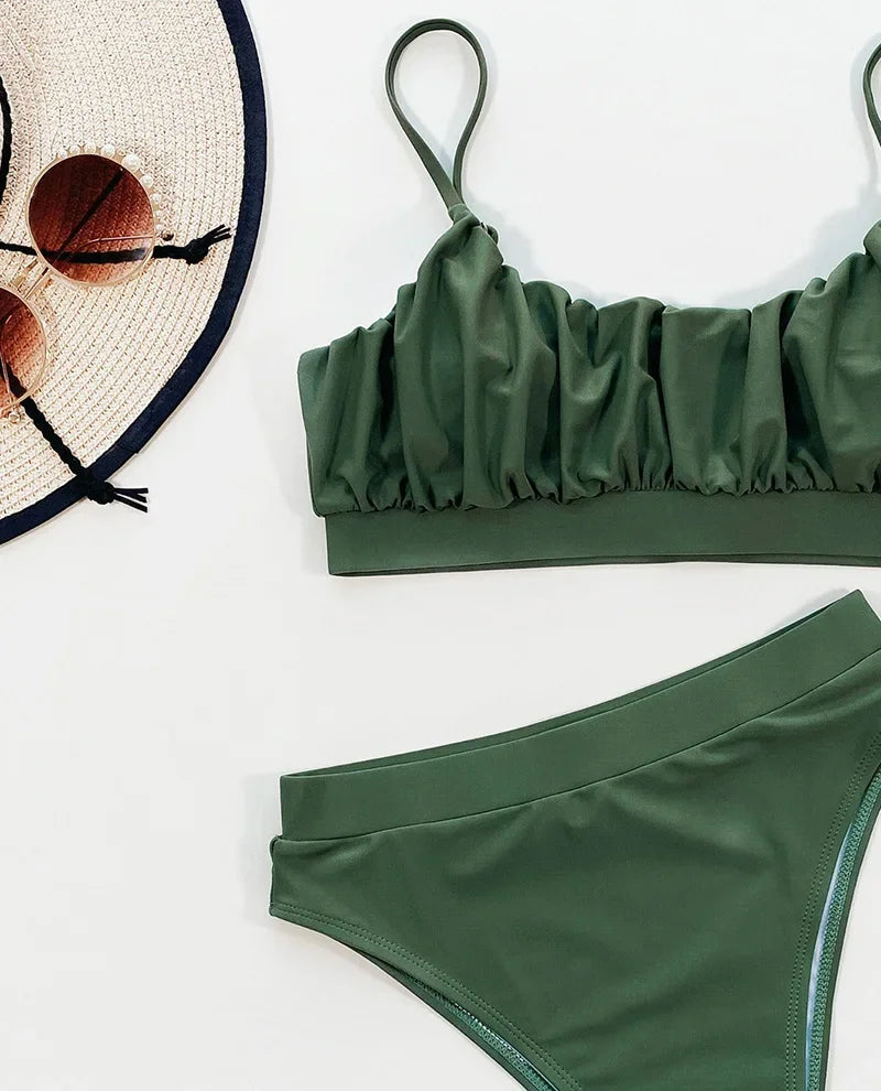 2025 Wrinkled Ruched High Waist Bikini Women Swimsuit Female Swimwear Two Pieces Bikini Set High Cut Bathing Suit Swim Beachwear