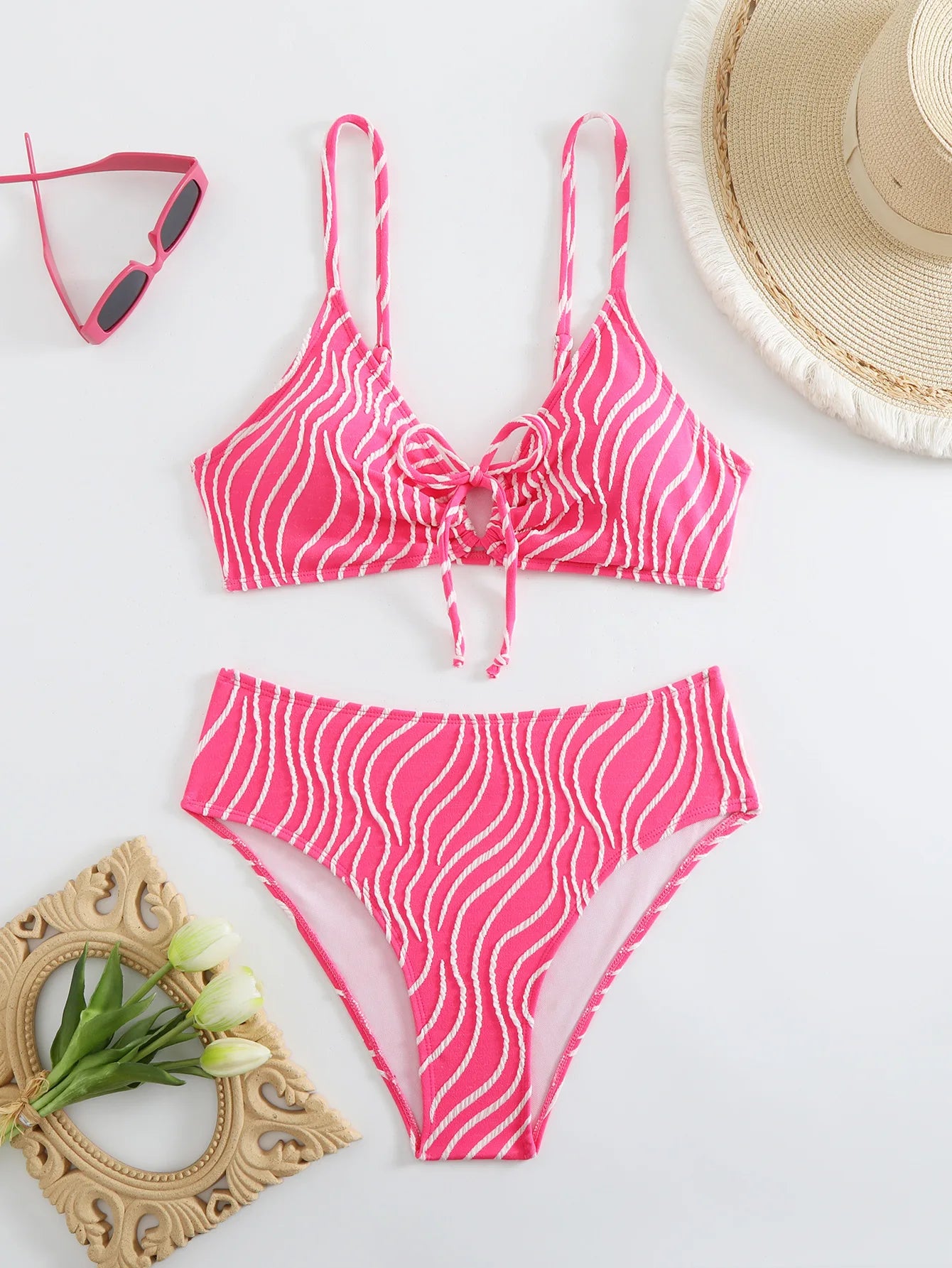 2026 New Women's Bikini Set Stripe Print 2 Pice Swimsuit Drawstring Lace-up V Neck Suspender Backless Beach Vacation Swimwear