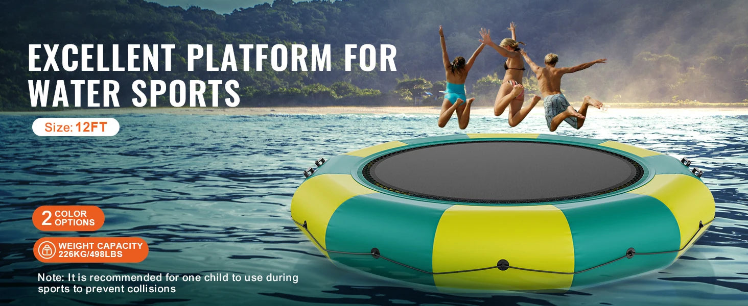 SucceBuy 12ft Inflatable Water Bouncer Recreational Water Trampoline Portable Bounce Swim Platform with Slide 3-Step Ladder