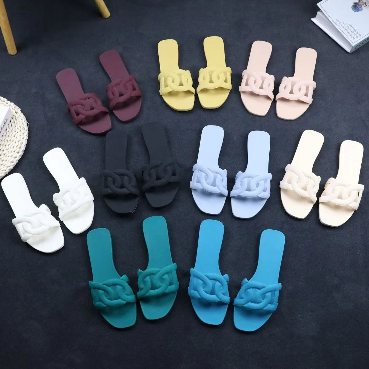 Summer women's one-word sandals daily leisure shopping beach wear flat shoes versatile solid color hollow