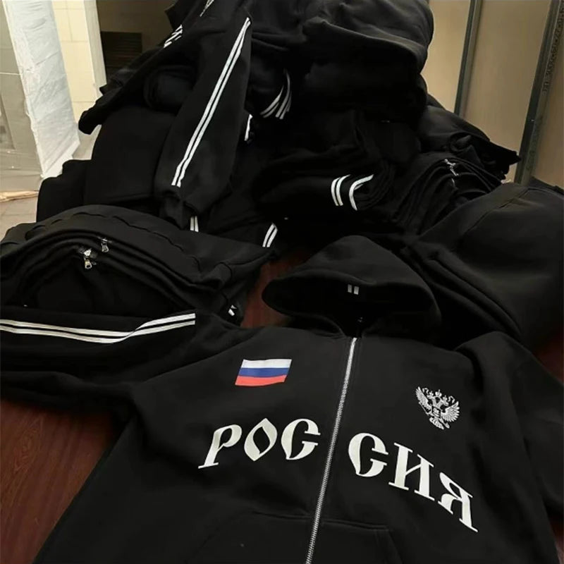 Y2K Clothes Men's Hip Hop Autumn Russia Hot Sale Vintage Double Zip Hoodies Lettering Graphic Hoodies Sweatshirts Casual Jacket