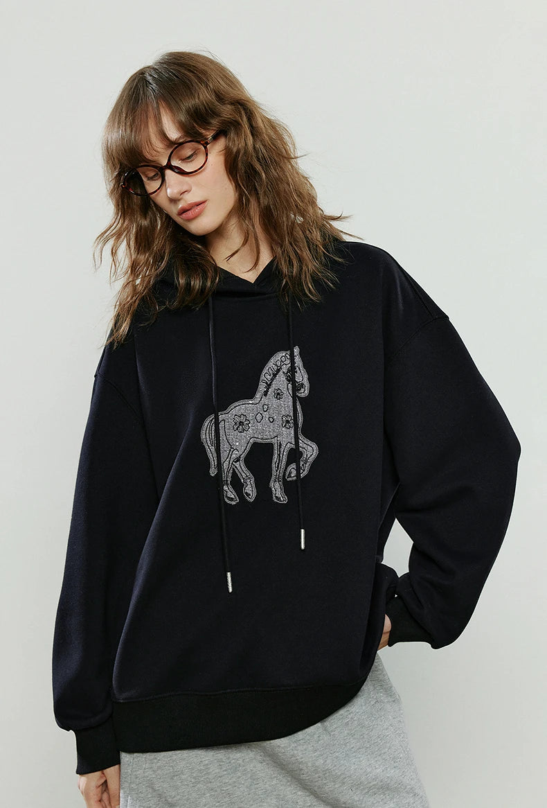 TOYOUTH Women Hoodies 2025 Winter New Loose Crew-neck Warm Applique Embroidery Tops