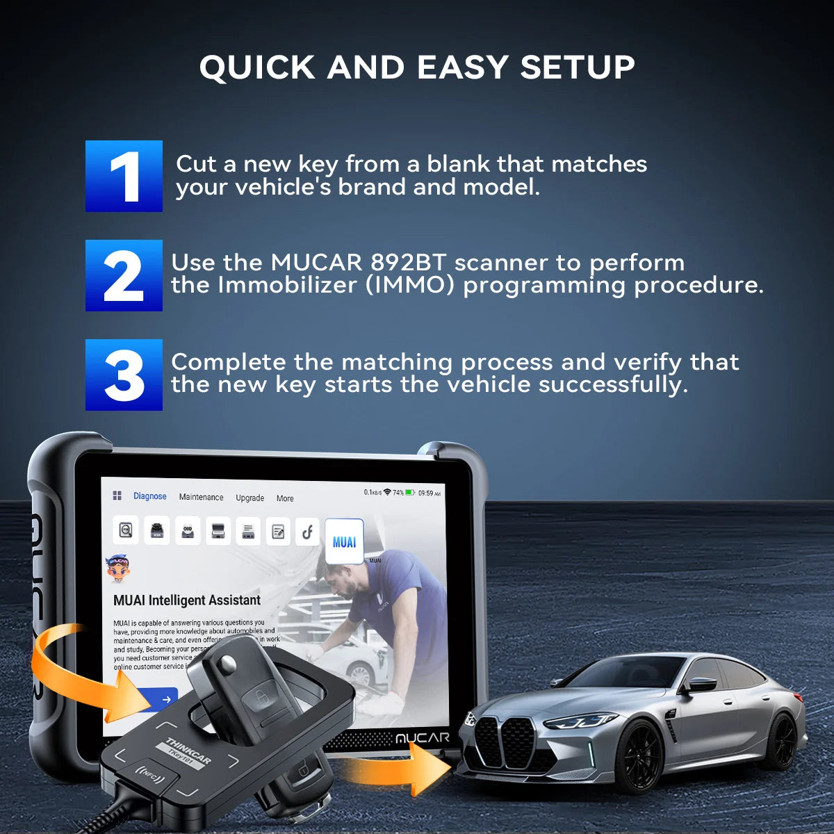 MUCAR 892BT AI Automotive Diagnostic Tool Key Programmer Bidirectional Obd2 Scanner ECU Coding CANFD DOIP 35 Resets Life Free