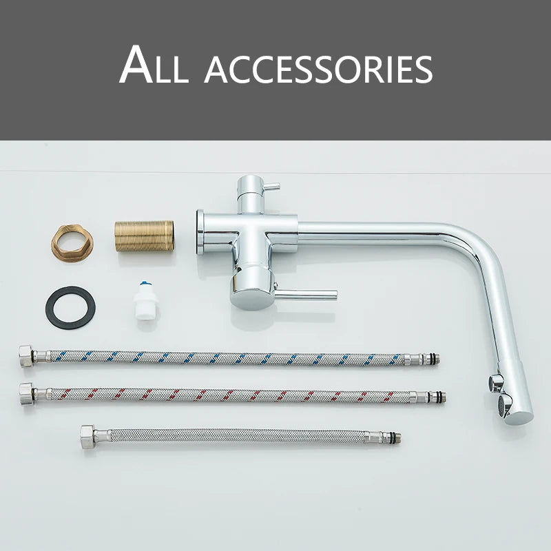 Chrome Kitchen Faucet Dual Swivel Spout Drinking Water Filter Brass Purifier Vessel Sink Mixer Tap Hot and Cold Water Torneira