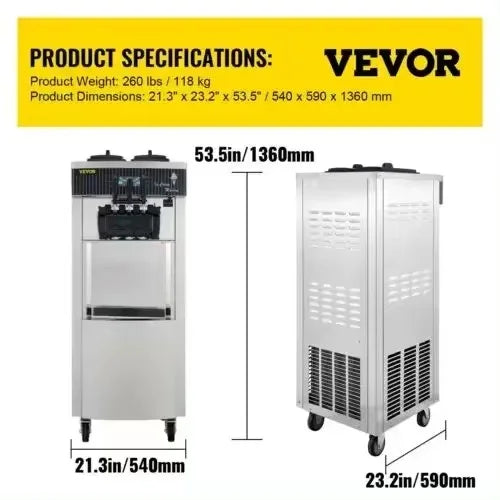 VEVOR Commercial Soft Serve Ice Cream Machine 2200W 20-28L/H - Dual 6L Hoppers for 2 Flavors, Dessert Shops & Bubble Tea Stores