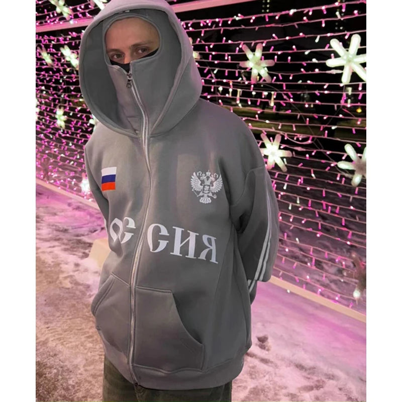 Y2K Clothes Men's Hip Hop Autumn Russia Hot Sale Vintage Double Zip Hoodies Lettering Graphic Hoodies Sweatshirts Casual Jacket