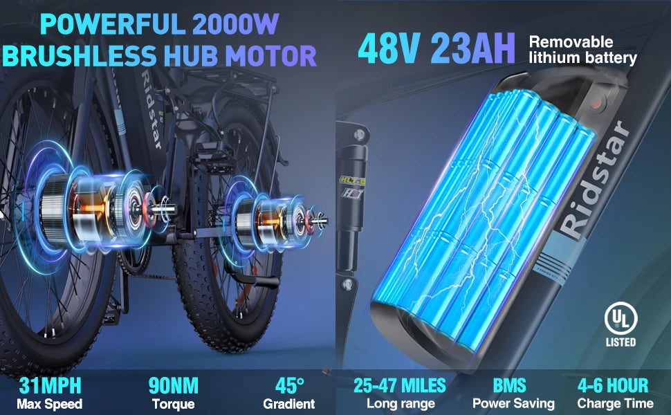 Ridstar Electric Bike 2000W 48V 23AH 26 Inch Fat Tire Adult Ebike Dual Motor Hydraulic Brakes Full Suspension MTB Electric Bike