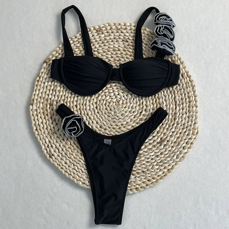 Style Flower Bikinis Women's 2 Piece 3D Rose Bikini Set High Cut Cheeky Swimsuit Floral Appliques Bathing Suit