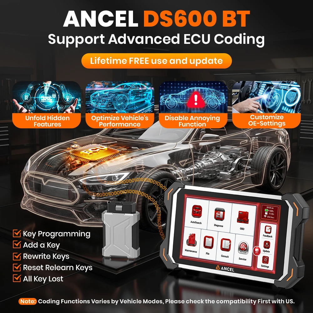 ANCEL DS600 BT Car Bidirectional Scanner Tool All System IMMO ECU Key Coding Diagnostic CAN-FD FCA Auto 34+ Services Code Reader