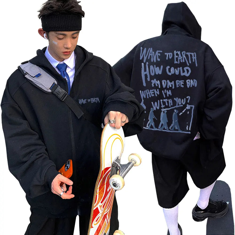 Korean Band Wave To Earth Print Zipper Hoodie Men's Casual Oversized Zip Up Jacket Men Women Hip Hop Fashion Y2k Zip Up Hoodies