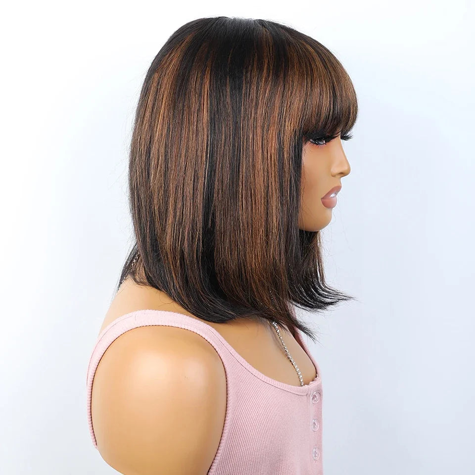 Straight Hair Short Bob Lace Wigs 100% Human Hair Wigs With Bangs #4/27 Natural Brown Middle Part Bob Lace Wigs Realistic Scalp