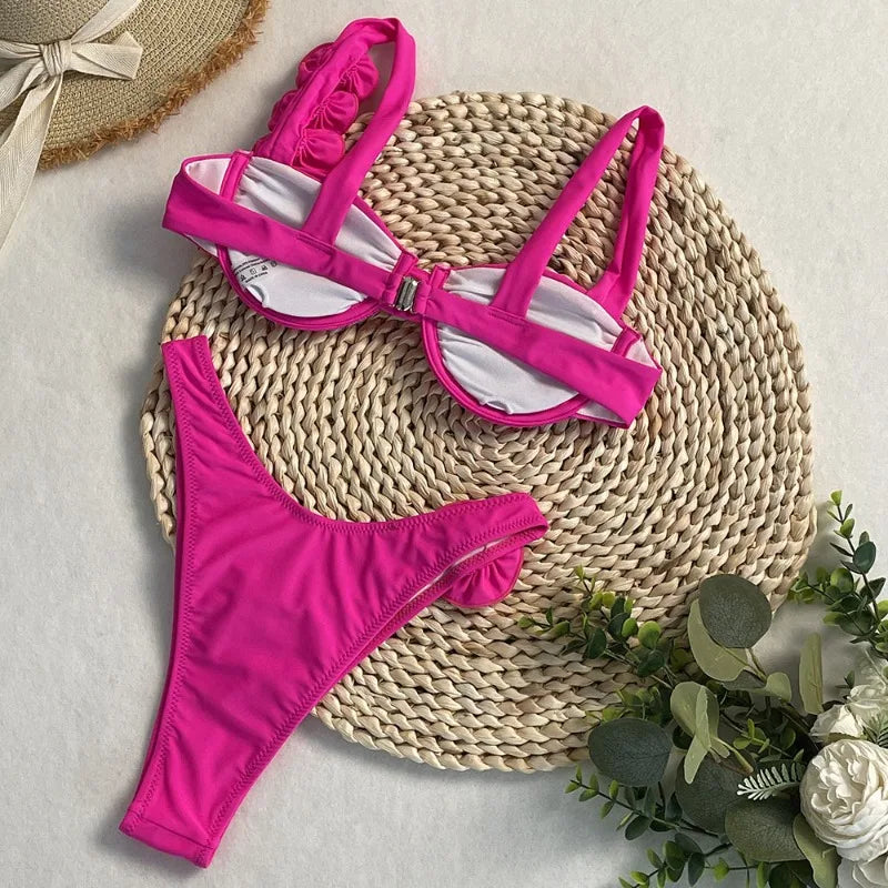 Style Flower Bikinis Women's 2 Piece 3D Rose Bikini Set High Cut Cheeky Swimsuit Floral Appliques Bathing Suit