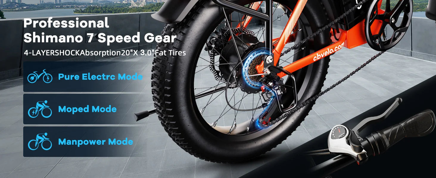 1000W Electric Bike for Adults Cybervelo EK4 Folding 48V 20Ah 30+MPH 80Miles 20" Fat Tire 7-Speed Off Road E-bike