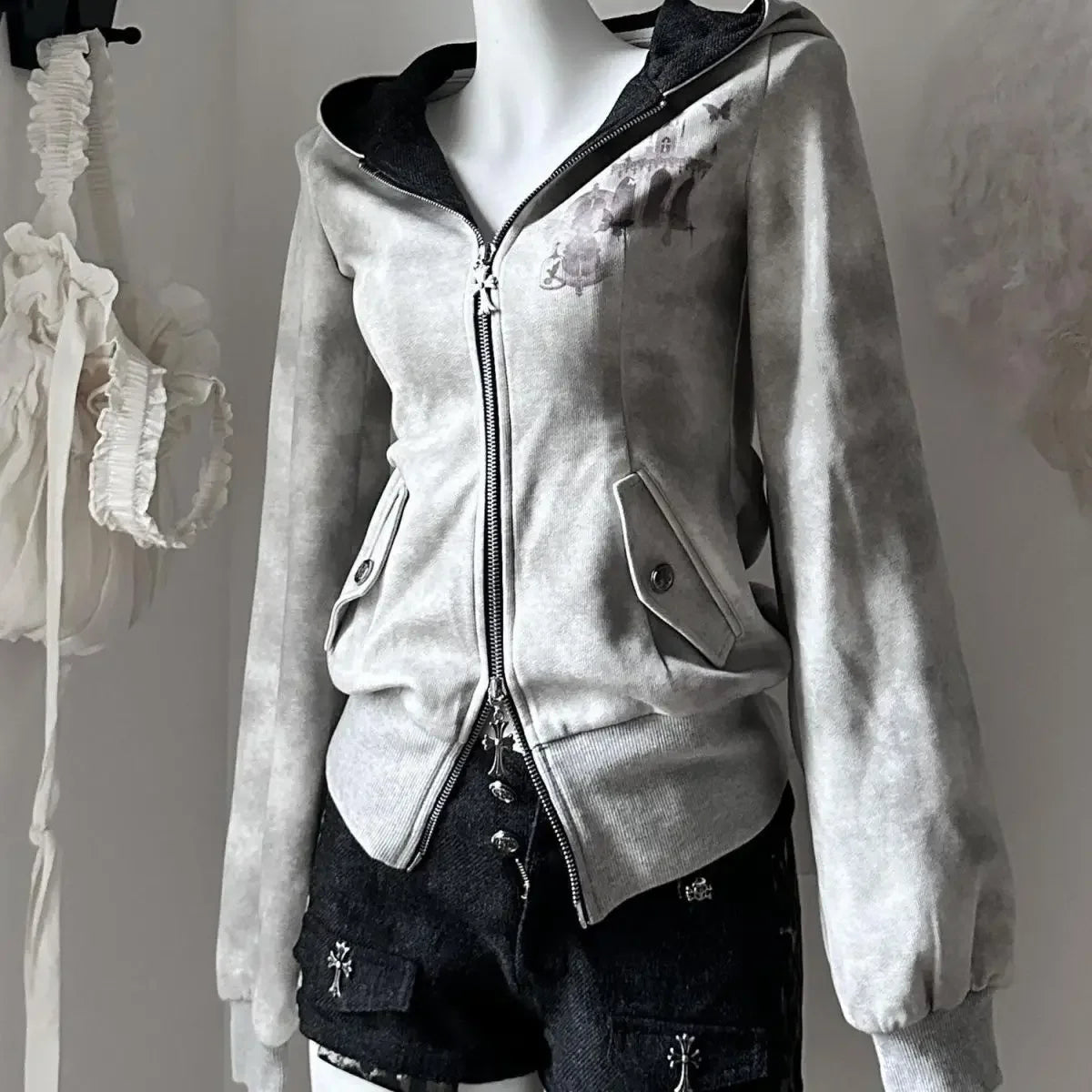 Y2k Aesthetic Vintage Printing Pocket Hoodies Gothic Fairy Grunge Hooded Jackets Autumn Women Double Zippers Punk Sweatshirt
