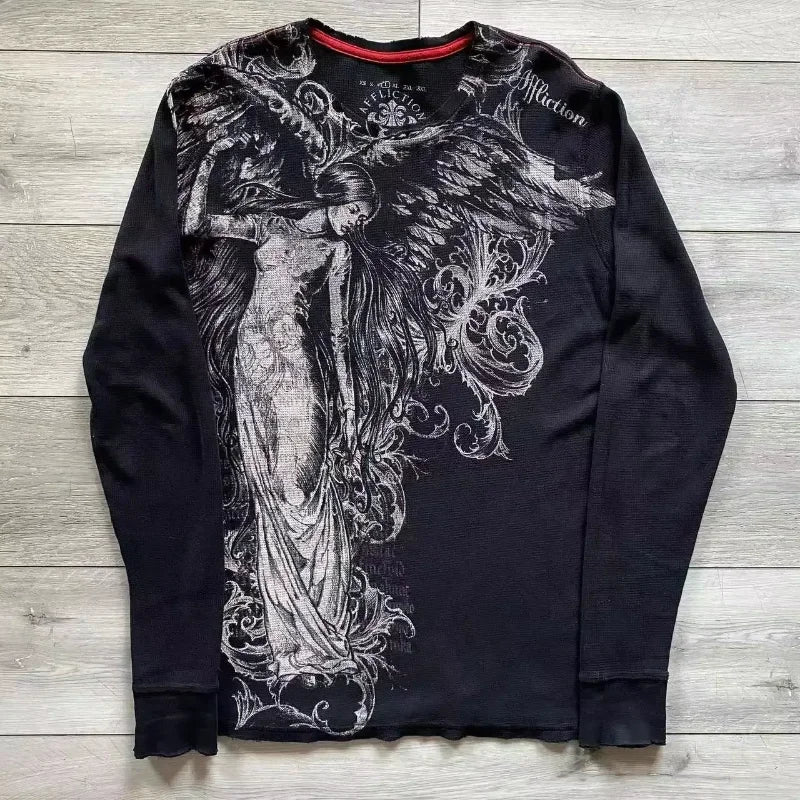 Y2K Gothic Harajuku Splice Printing White Long Sleeve New Punk Hip Hop Sexy T shirt Fashion Casual Pure Cotton Loose Tops Unisex