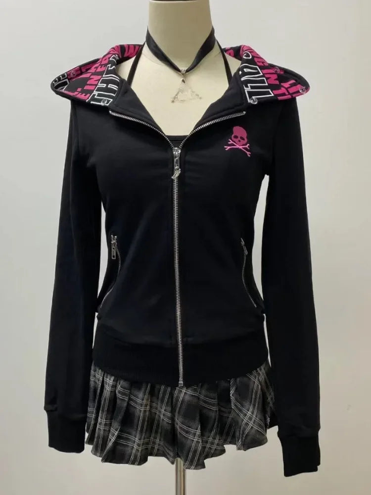 Y2k Punk Skull Embroidery Hoodies Women Vintage Aesthetic Grunge Zipper Sweatshirt Streetwear Slim Tops Female Gothic Jackets